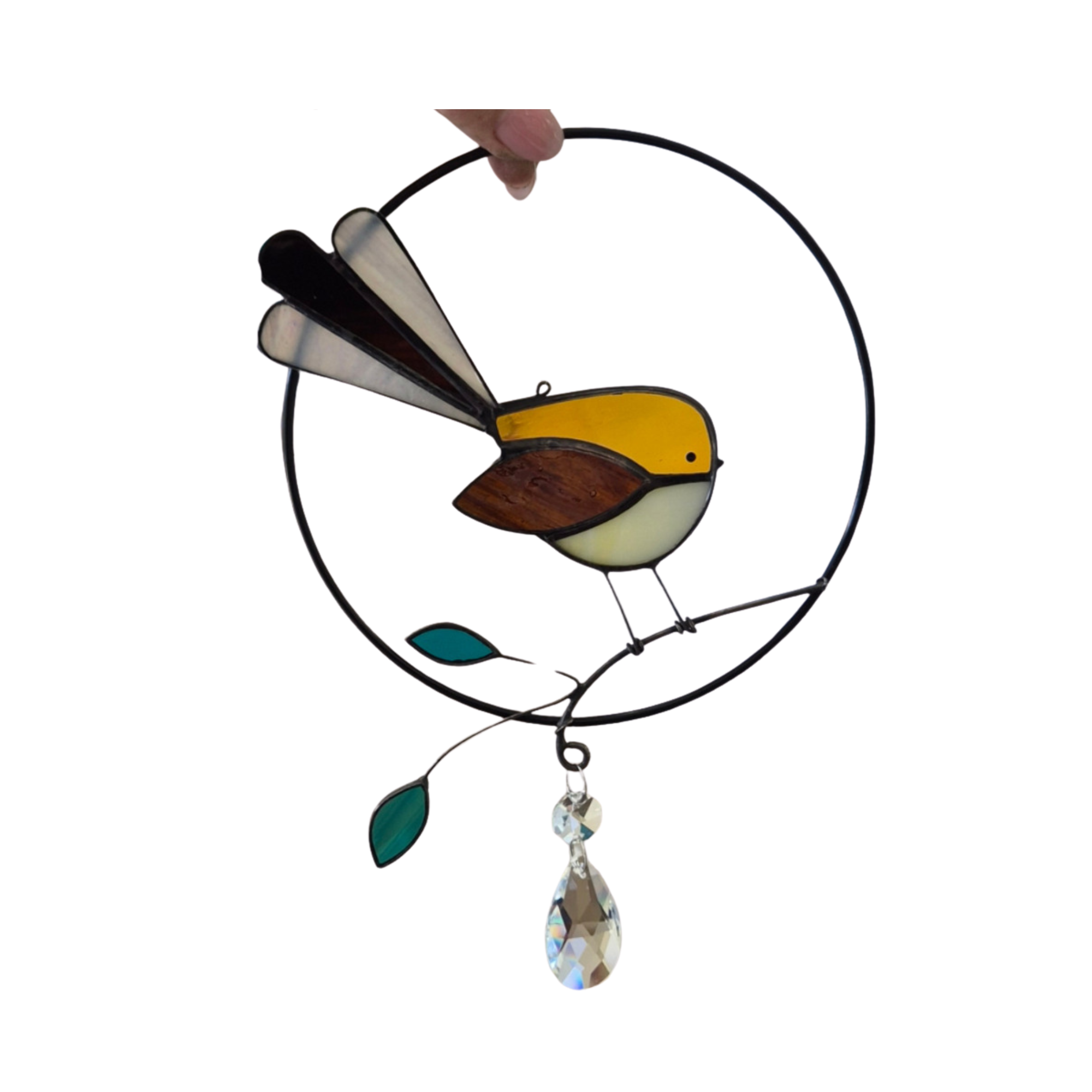 NZ Fantail in circle with crystal suncatcher