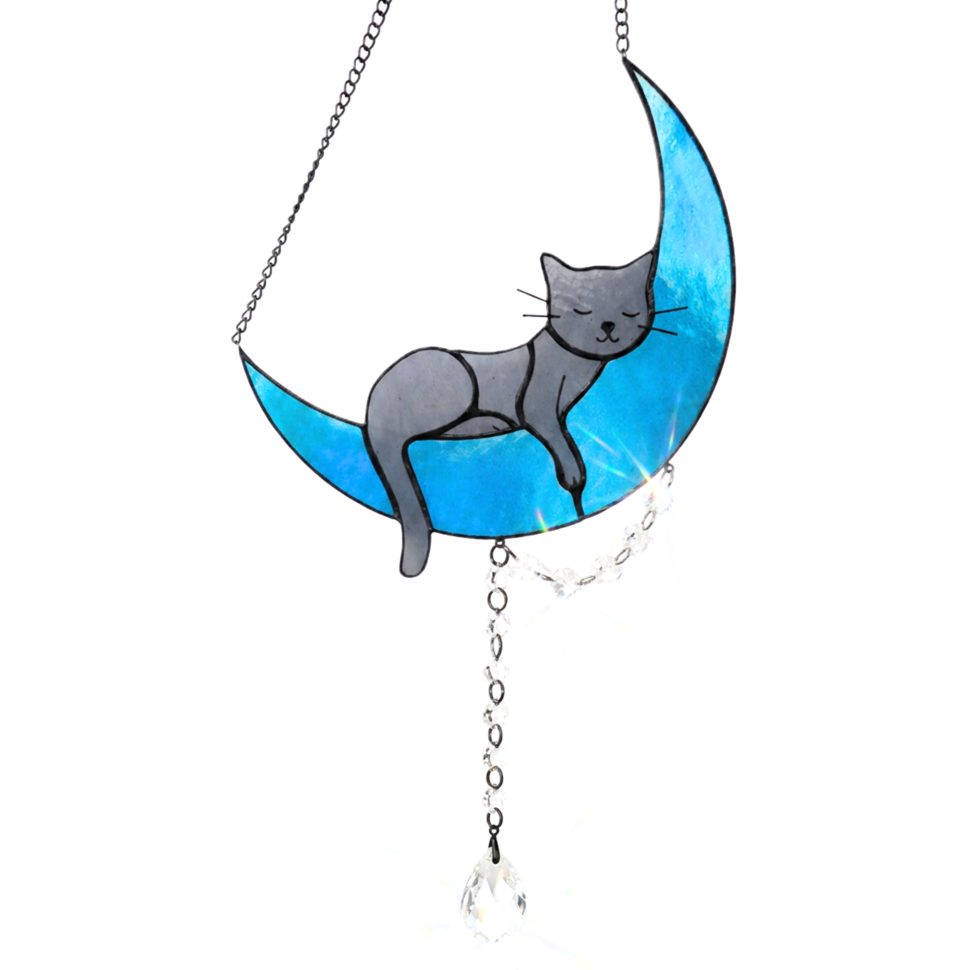 Sleeping Cat on Crescent Moon Stained Glass Suncatcher