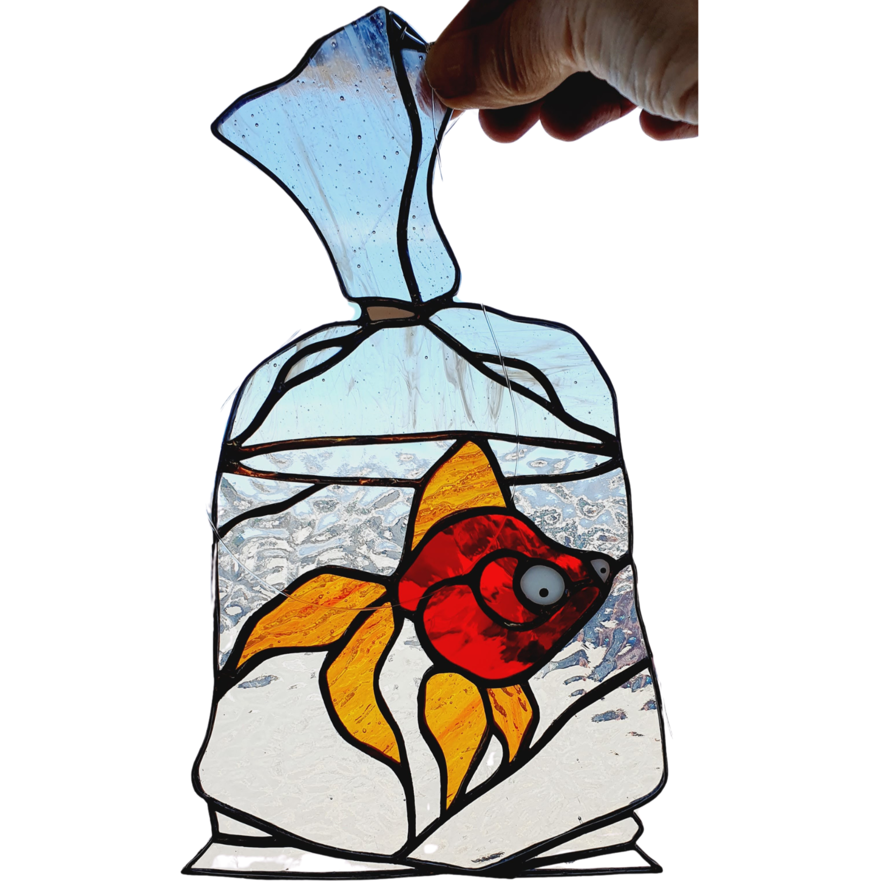 Goldfish in a Bag Stained Glass Suncatcher