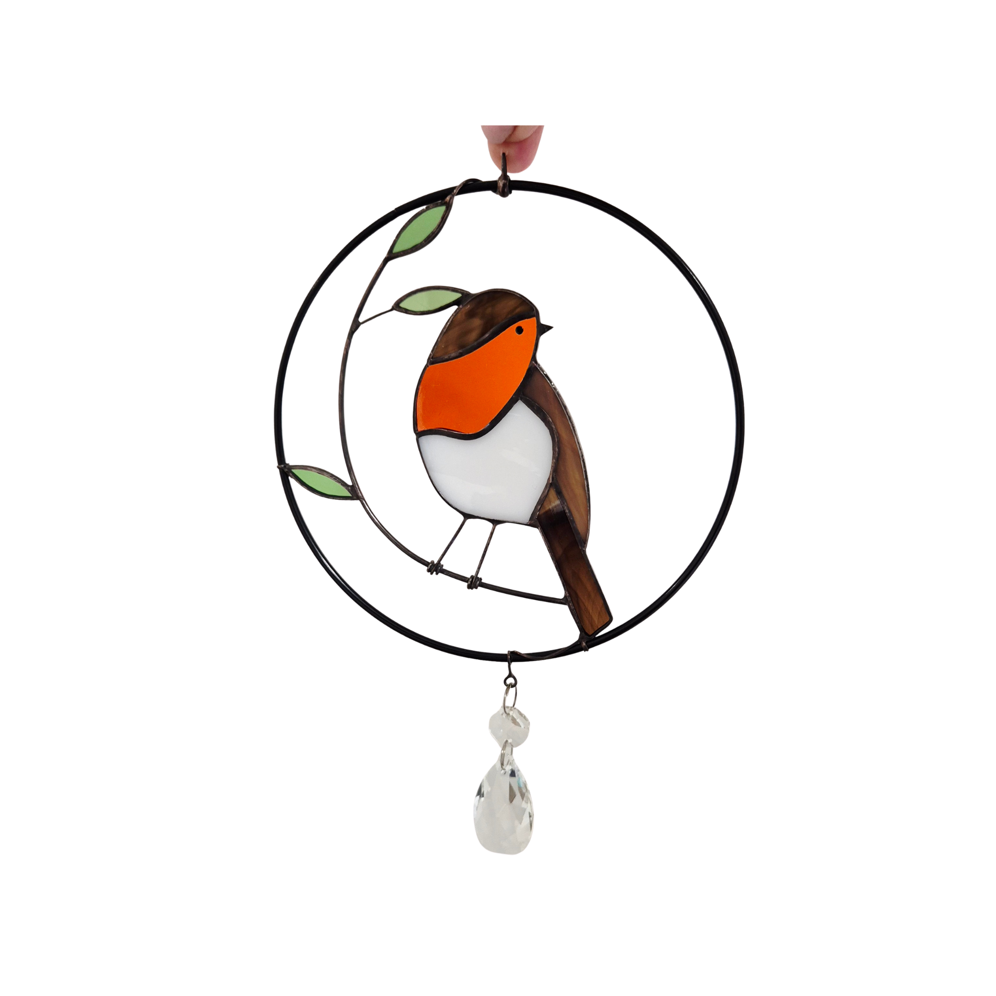 Robin in circle with crystal suncatcher