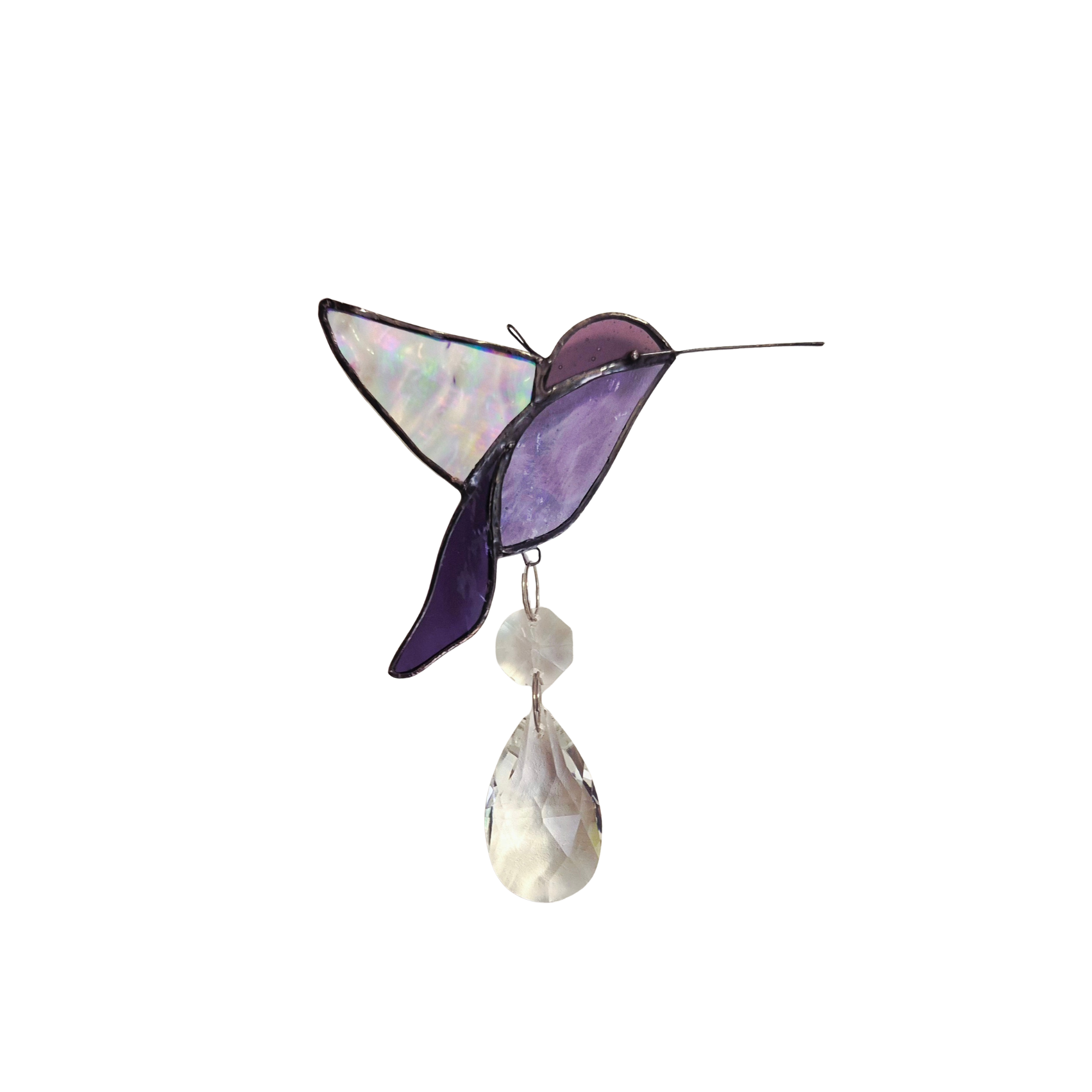 A stained glass hummingbird decoration with iridescent wings and a clear crystal pendant hanging below.