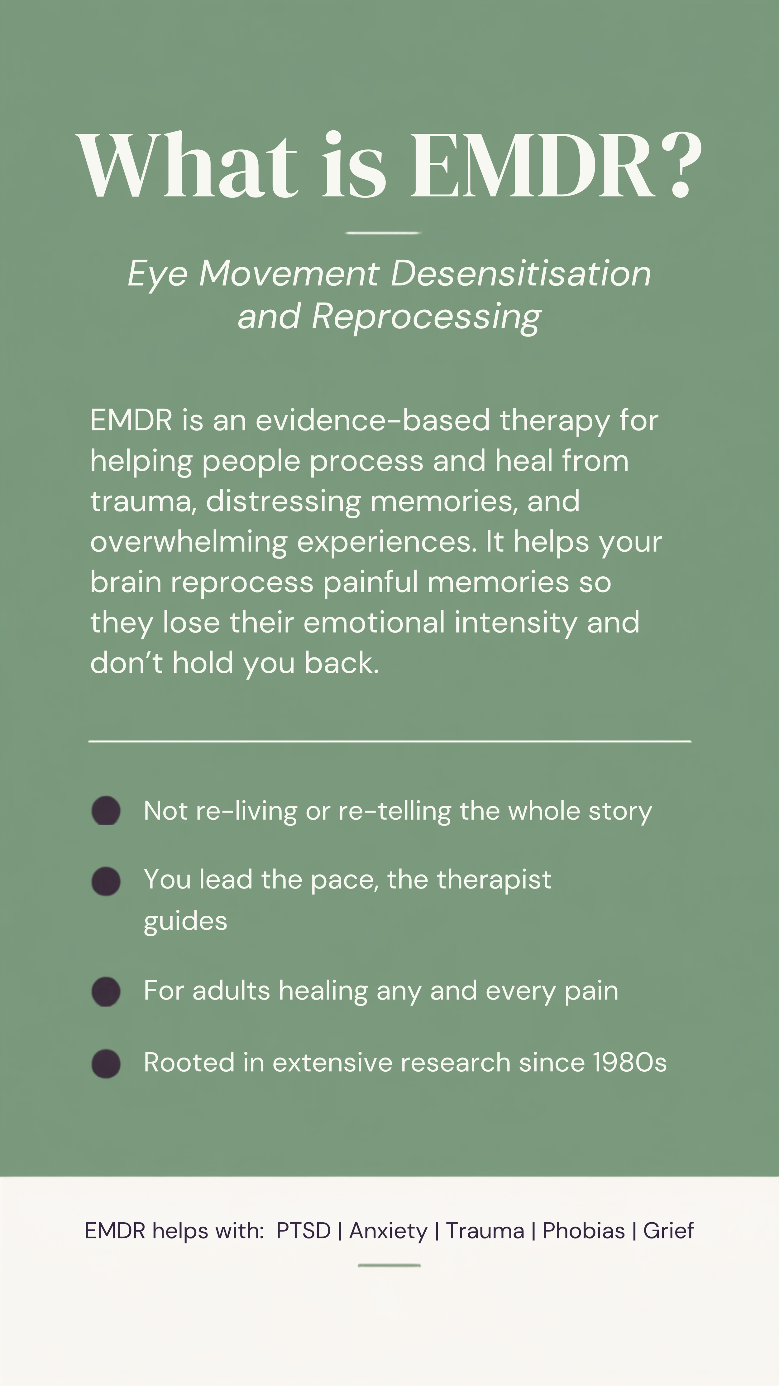 Informational poster about EMDR therapy with green background, large title, and bulleted points explaining EMDR's purpose and benefits for trauma and emotional healing.