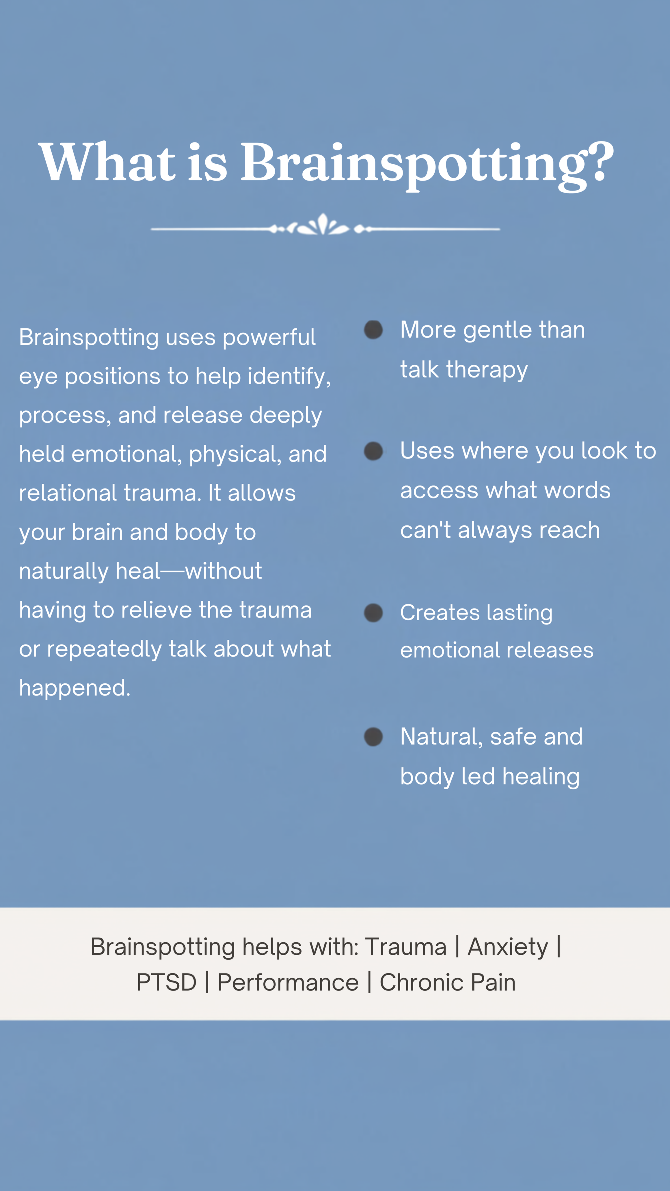 A blue informational infographic explaining brainspotting therapy, highlighting its use of eye position to facilitate emotional and physical healing without talk therapy, and its benefits such as helping with trauma, anxiety, PTSD, performance, and chronic pain.