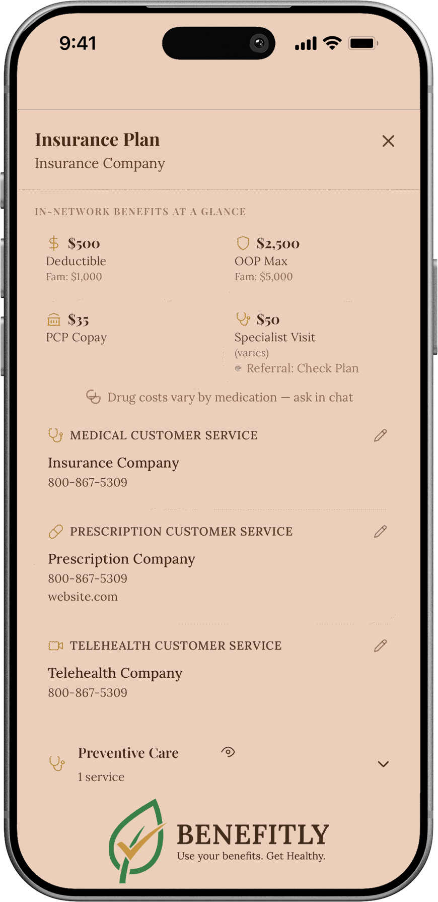 A mobile screen showing an insurance benefits dashboard with details of coverage, costs, and customer service contact information.