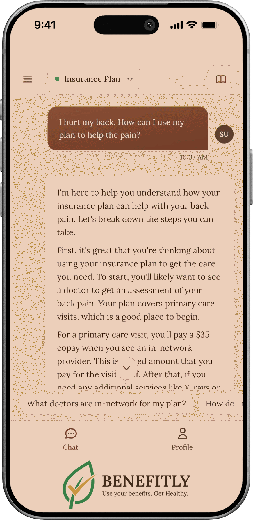 Mobile phone screen displaying a healthcare insurance chat conversation about back pain and insurance coverage, with Benefity logo at the bottom.