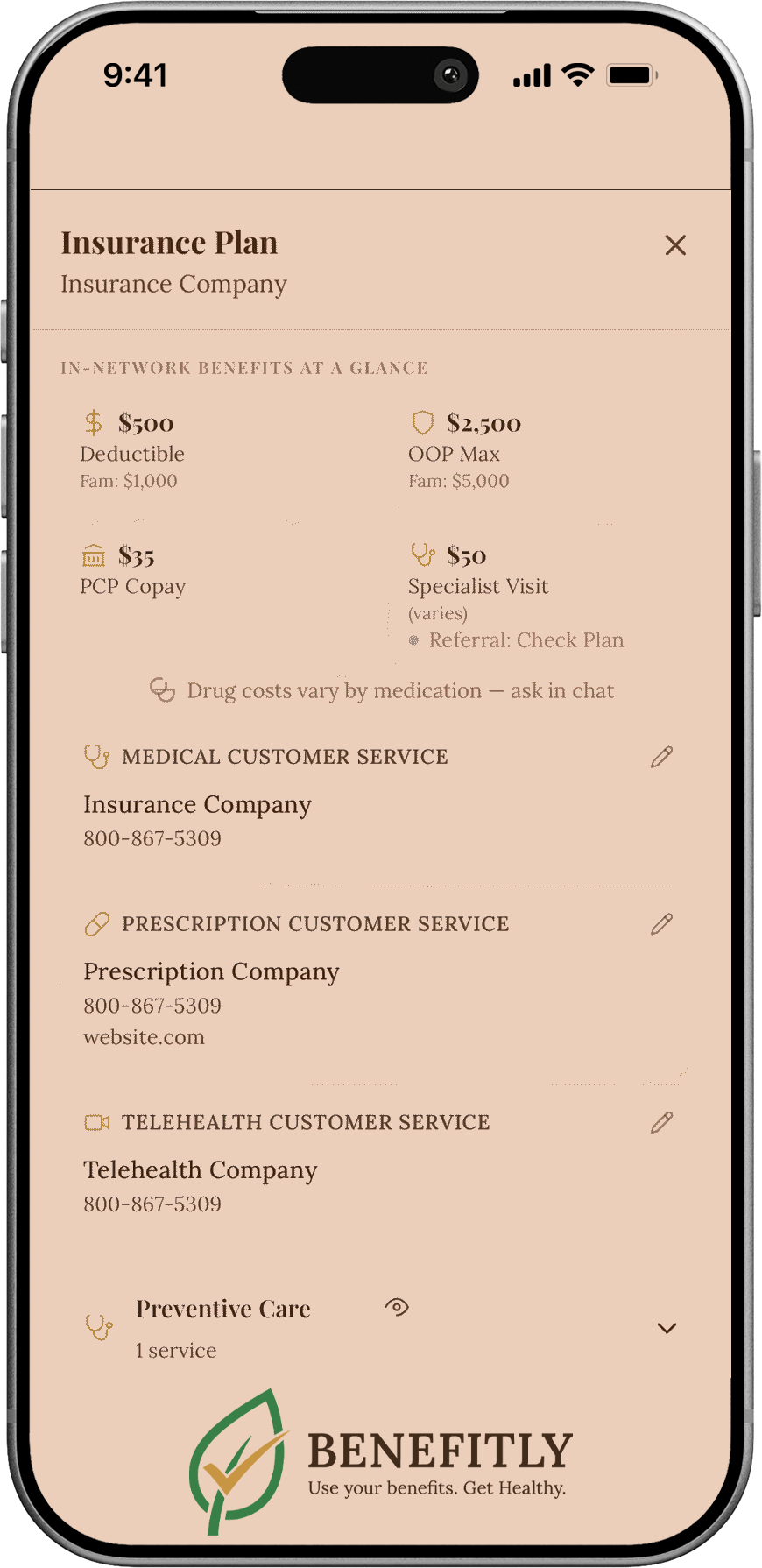 Mobile phone screen displaying an insurance plan benefits overview with costs and coverage details, including customer service contacts and a health benefits logo at the bottom.