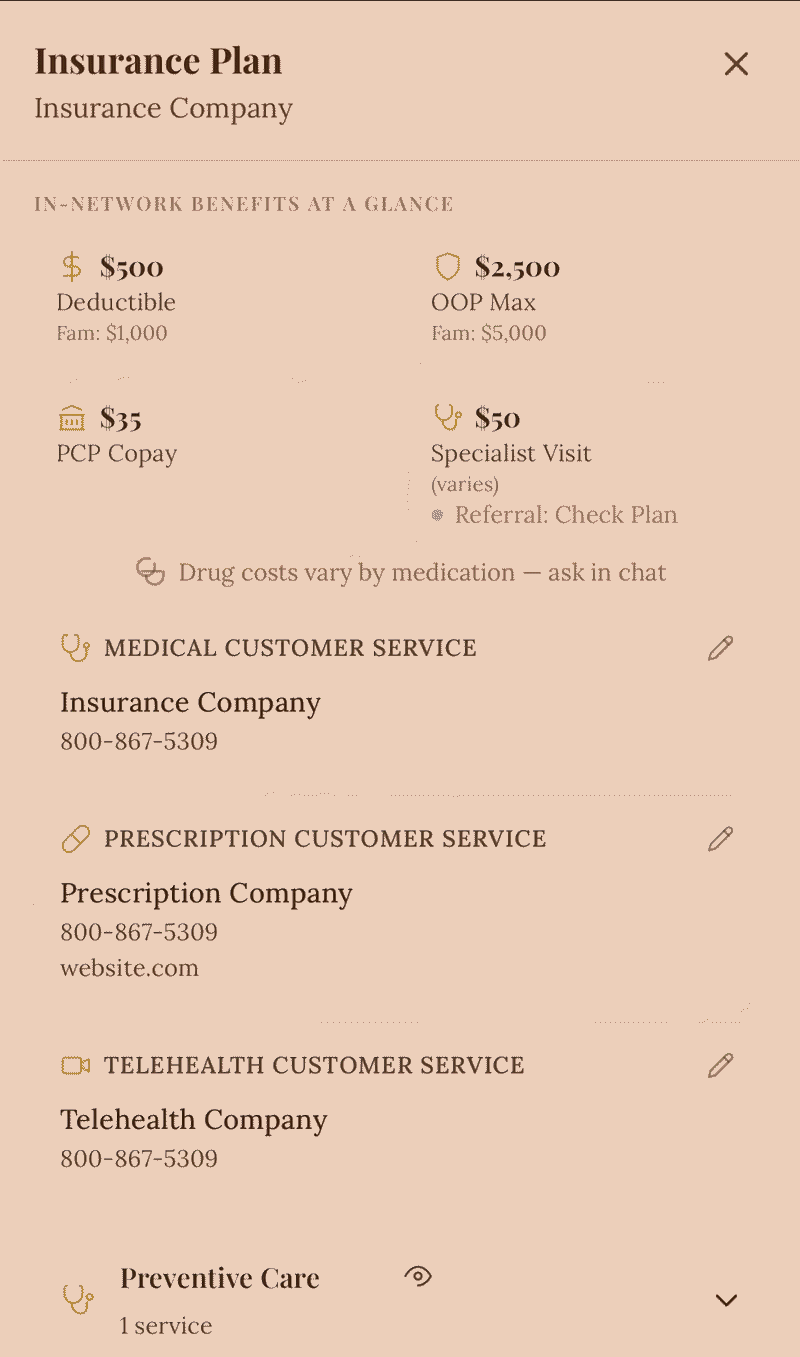 A screenshot of an insurance plan document displaying various benefits, customer service contact information, and healthcare services, all set against a light beige background with brown and gold text and icons.