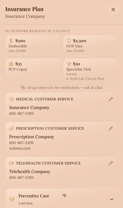 Screenshot of an insurance plan overview. It lists in-network benefits including deductible, OOP max, PCP copay, and specialist visit cost. Contact info for medical, prescription, and telehealth customer service is provided, along with details for preventive care.