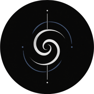 Abstract spiral design with blue and white curved lines on a black circular background.