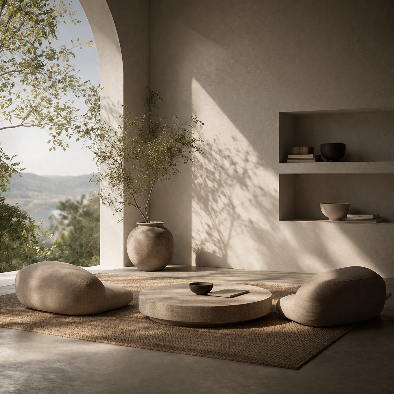 Minimalist living space with large arched window, potted plant, round stone coffee table, two bean bag chairs, a woven rug, and built-in wall shelves with bowls and books, sunlight casting shadows.