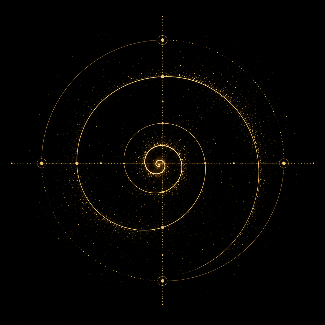 A digital illustration of a golden spiral galaxy with concentric circles and dotted lines on a black background.
