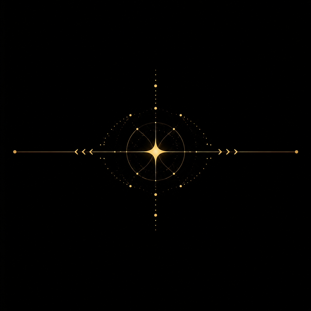 A gold, abstract geometric design on a black background featuring a central star-like shape with symmetrical lines and patterns radiating outward.