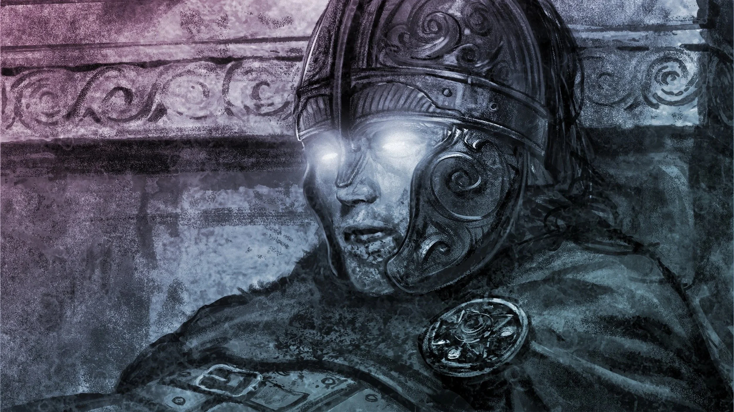 A digitally stylized image of a woman wearing a helmet, with swirling patterns, and glowing light near her face, set against a textured, abstract background.