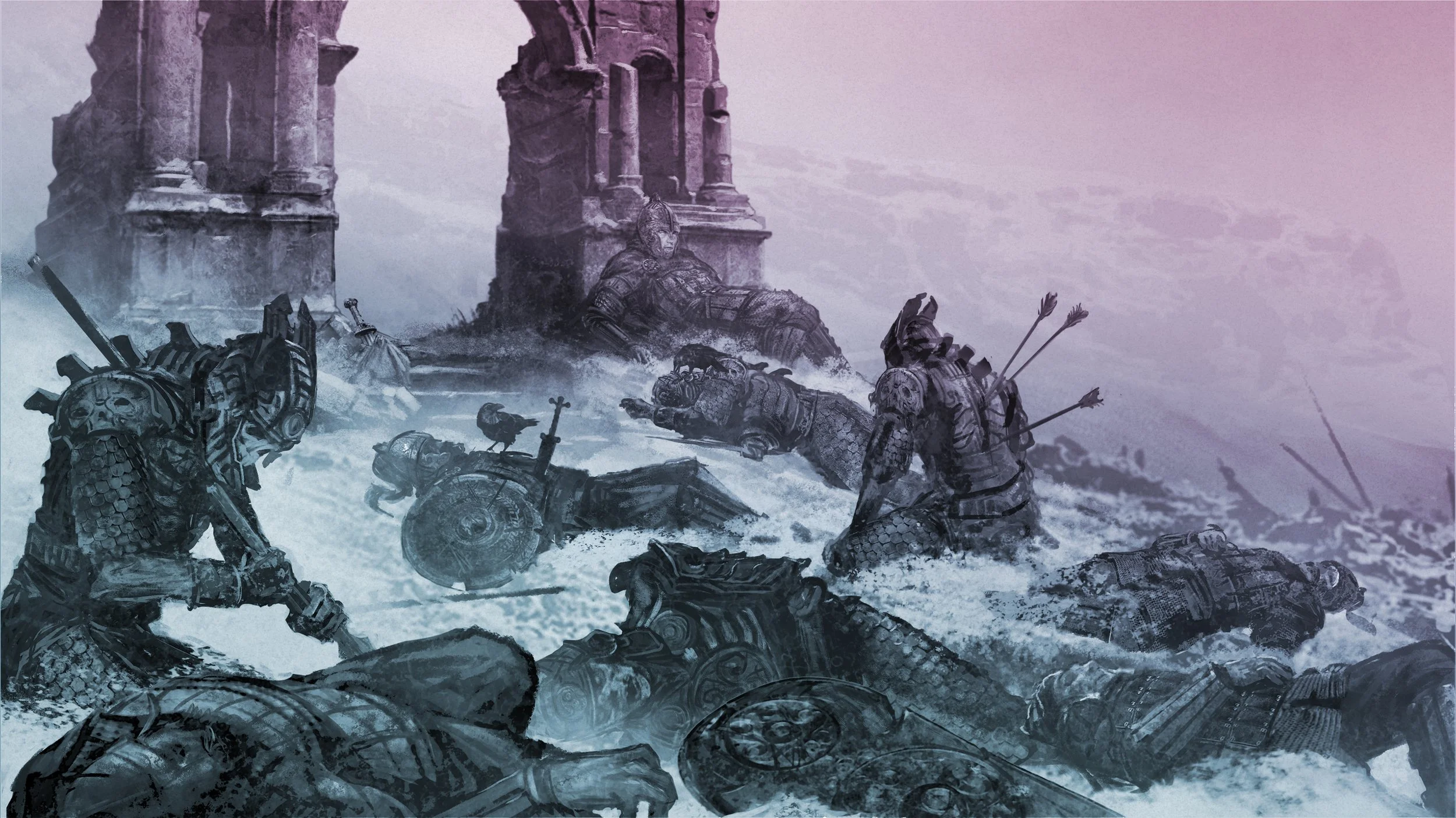 A fantasy illustration depicting medieval warriors and a fallen soldier in a snowy landscape with ancient ruins.