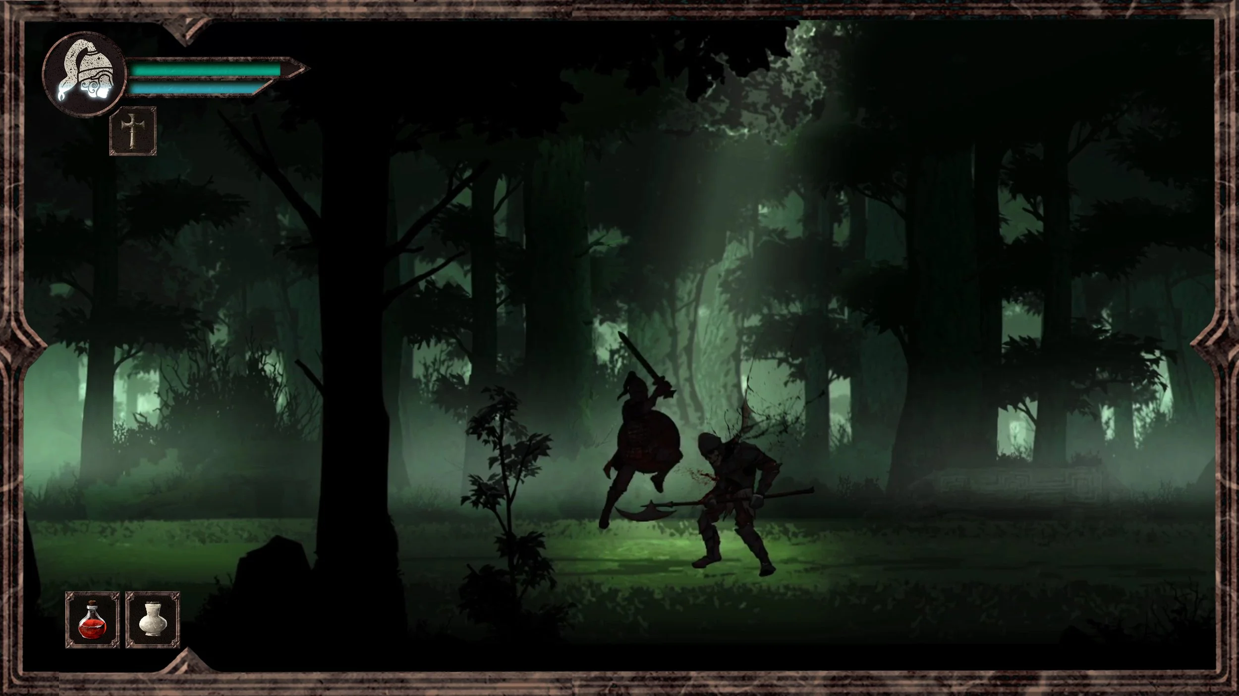 Silhouettes of two soldiers fighting in a dark, dense forest with trees and mist, as part of a video game scene.