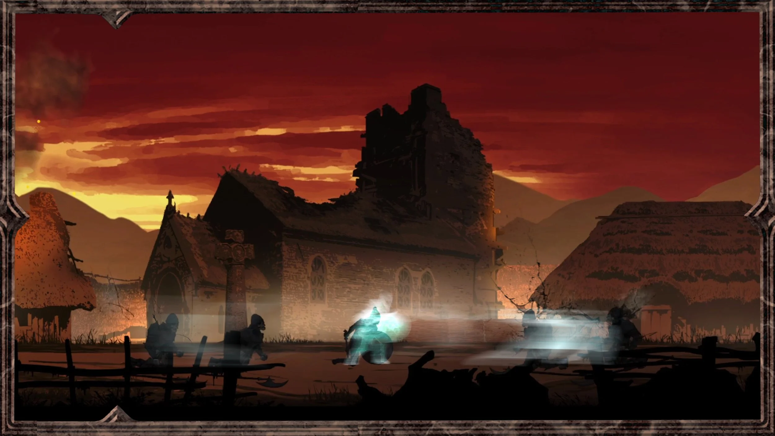 Silhouettes of people walking in a village with medieval-style buildings under a dramatic red and orange sunset sky.