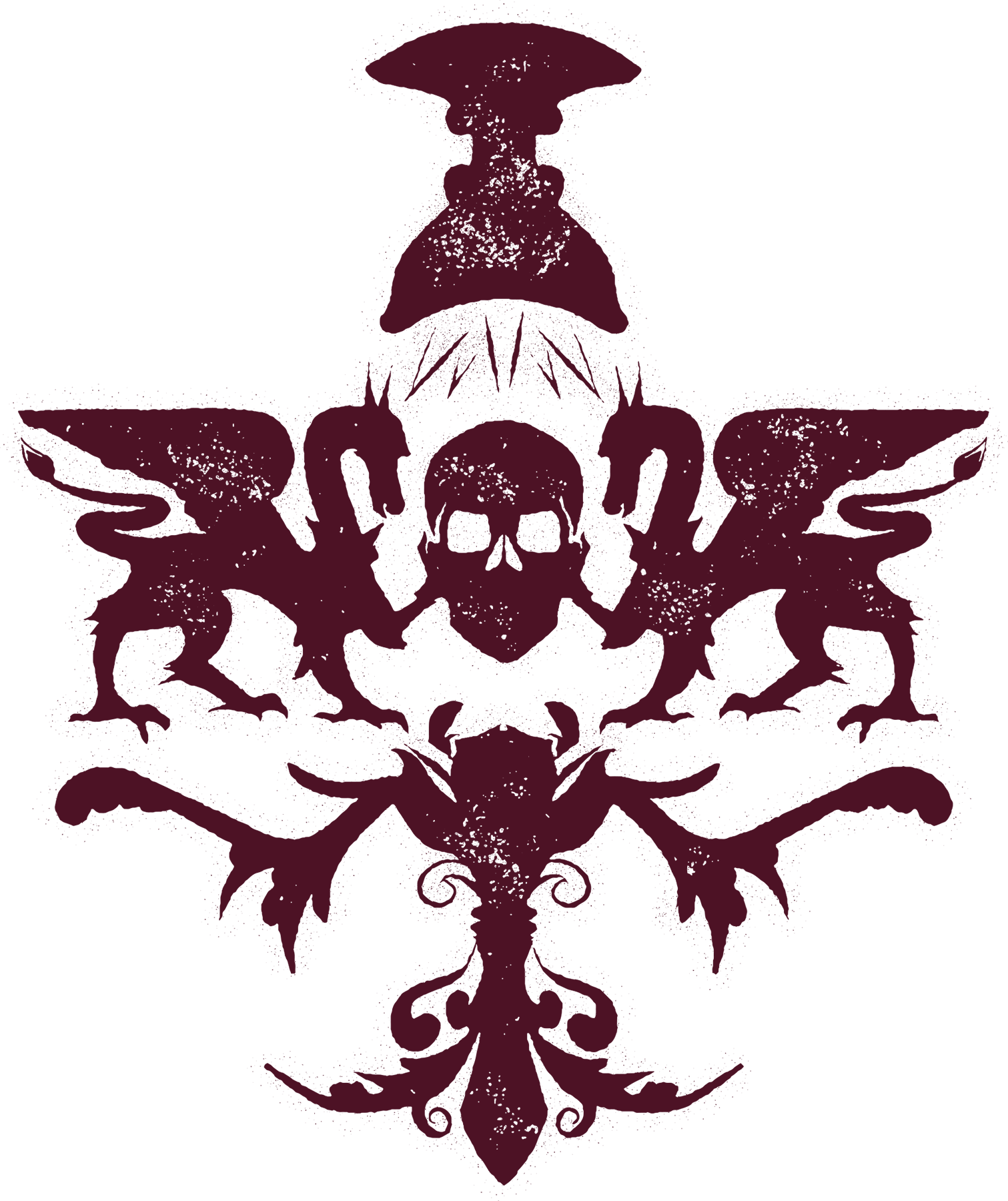 A dark, stylized symmetrical skull and crossbones design combined with elaborate, ornate patterns and butterfly motifs in a monochromatic dark purple hue.