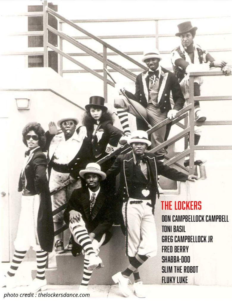 The Lockers dance group in the 1970s, including Don Campbell, Toni Basil, Fred Berry, Shabba-Doo, Slim The Robot and Fluky Luke.