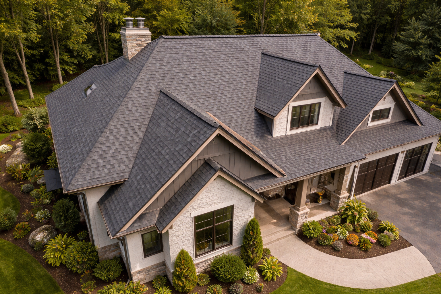 Aerial view of a large, modern house with a dark gray shingle roof, surrounded by landscaped garden with bushes, flowers, and trees.