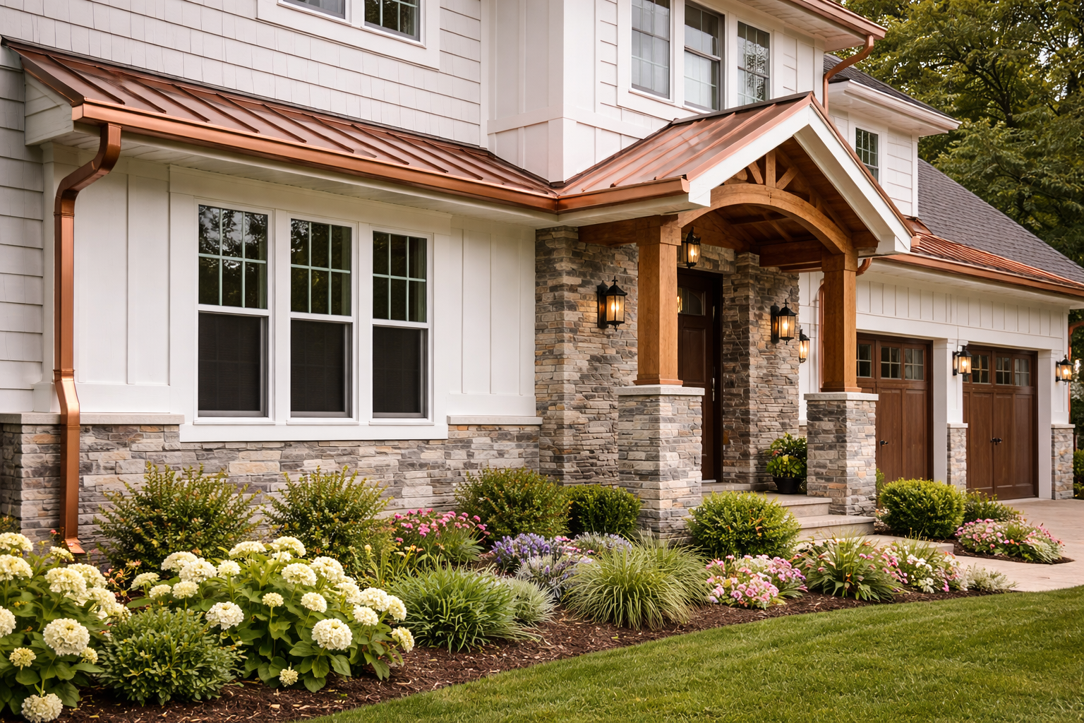 Front view of a modern house with white and brown exterior, stone accents, a copper roof, and a landscaped lawn with colorful flowers.