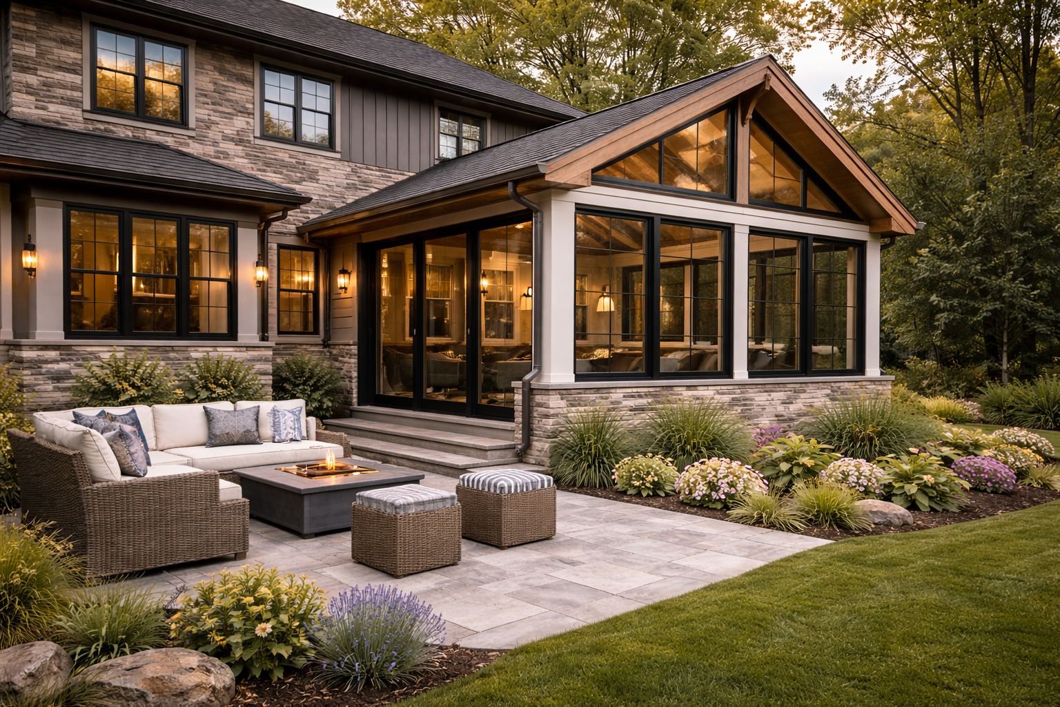A modern house with large windows and stone accents, featuring an outdoor patio with wicker seating, pillows, and a fire pit, surrounded by landscaped plants and flowers in a lush garden during evening.