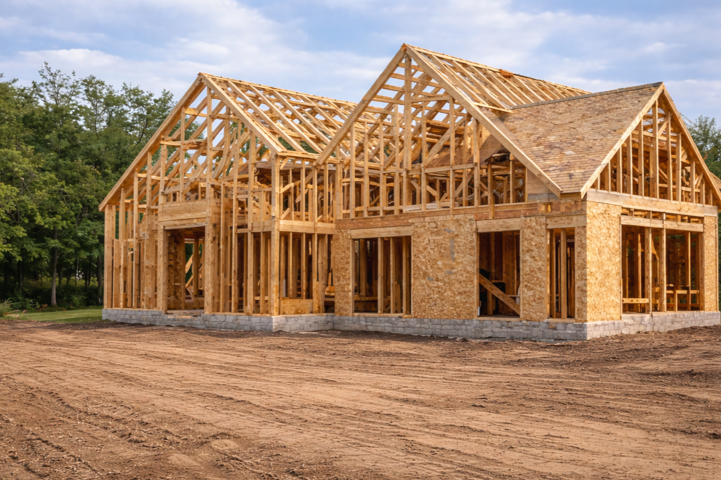 Wooden frame of a house under construction.