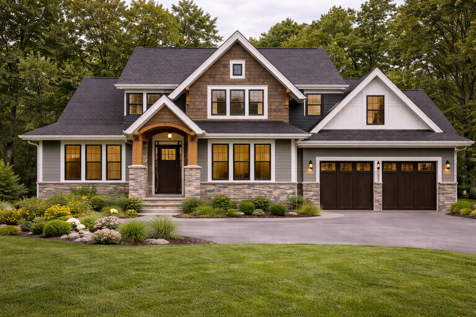 A large two-story house with a stone and siding exterior, dark brown garage doors, and multiple windows, surrounded by a green lawn and landscaped garden