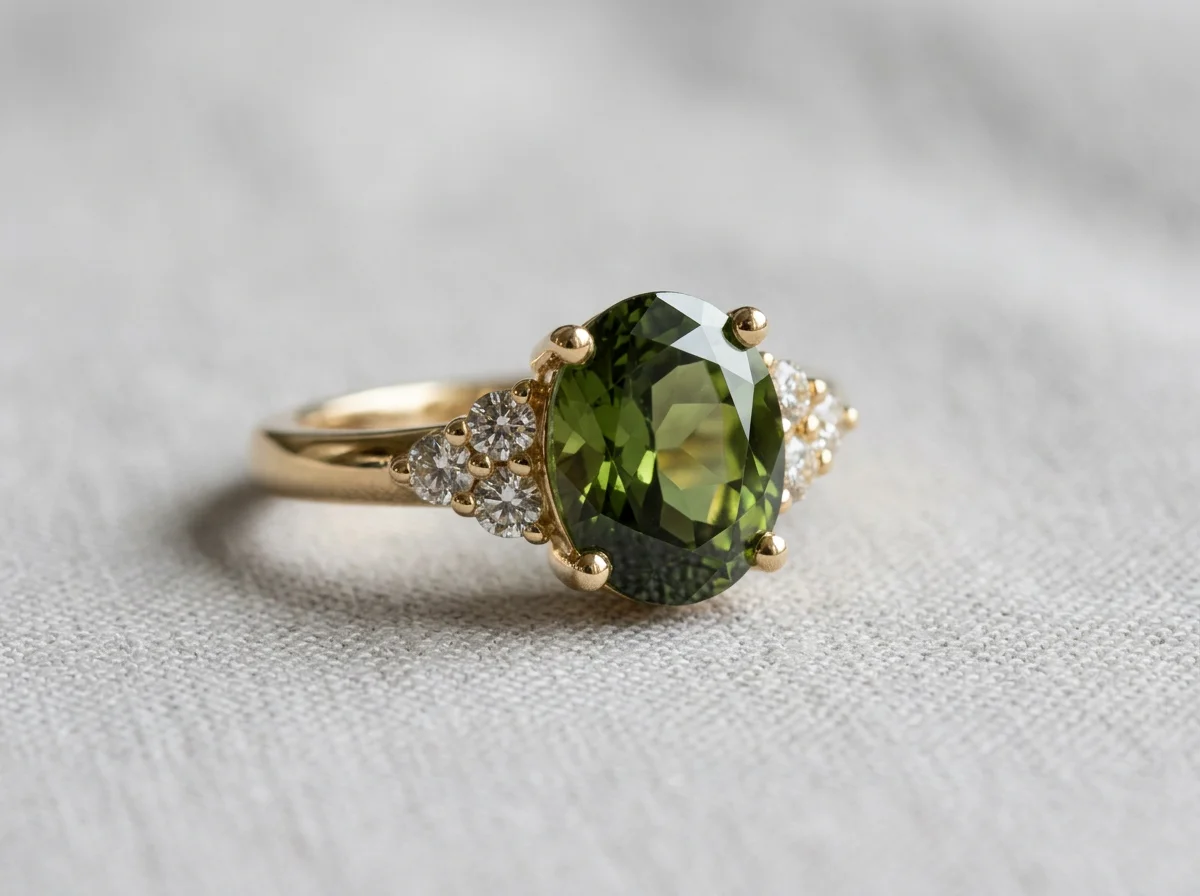 Gold ring with an oval green gemstone and small diamonds on each side, resting on a light fabric surface.