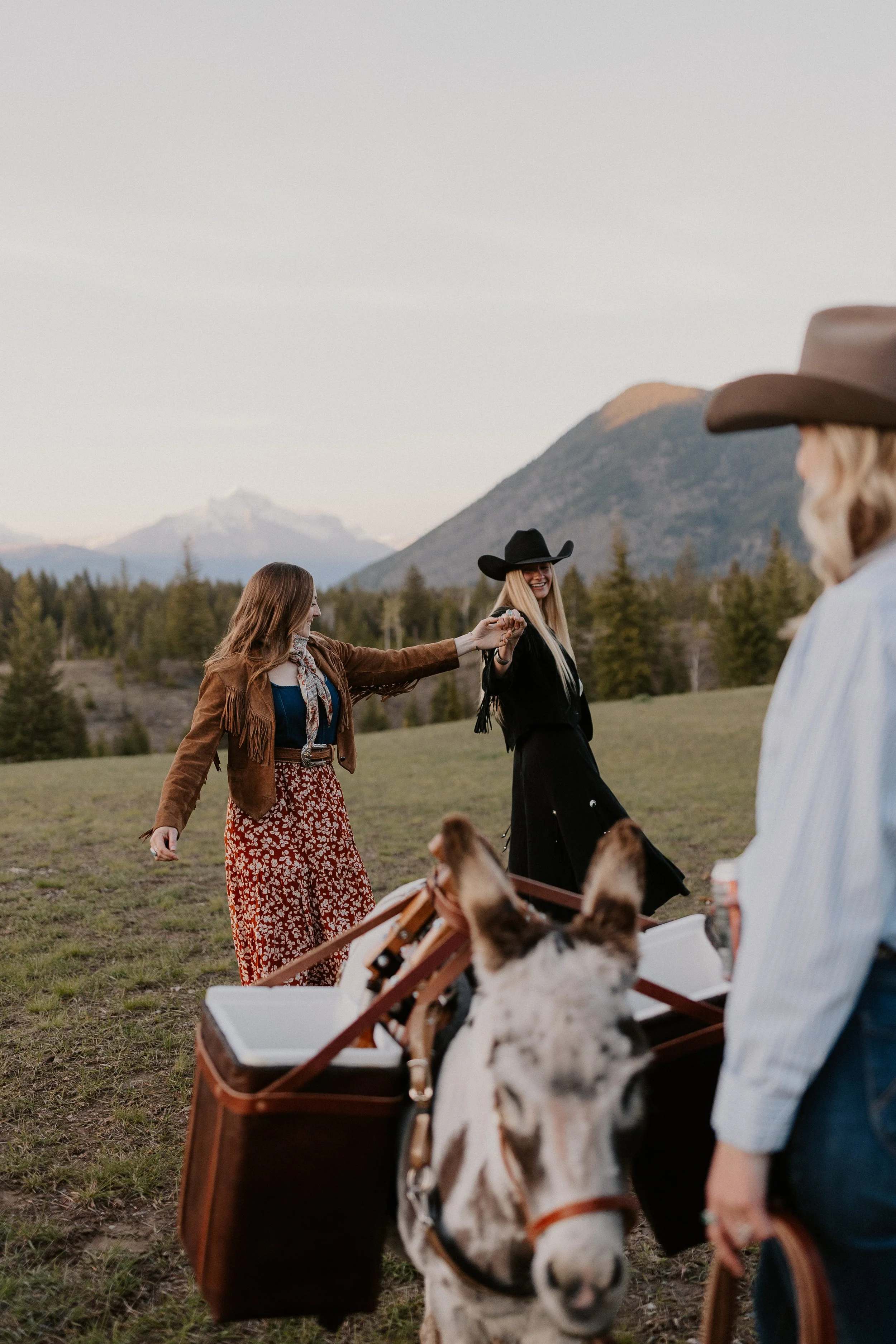 Wedding guests dancing in front of a breathtaking Montana mountain range alongside a sophisticated miniature beer burro.