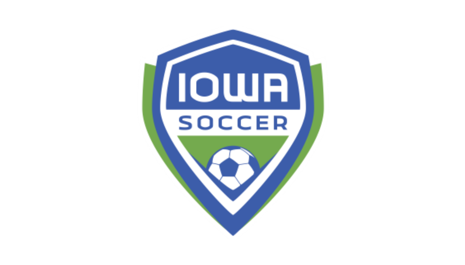 Iowa Soccer logo featuring a shield with a blue outline, green background at the bottom, the word 'IOWA' in white and blue at the top, 'SOCCER' in blue below, and a soccer ball at the bottom center.