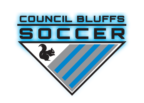 Logo for Council Bluffs Soccer featuring a stylized black squirrel and blue and gray diagonal stripes in a shield shape.