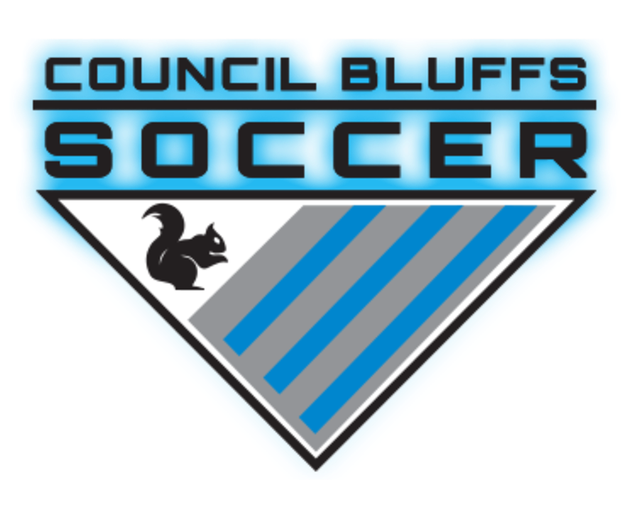 Logo of Council Bluffs Soccer with a black squirrel and blue and gray stripes.