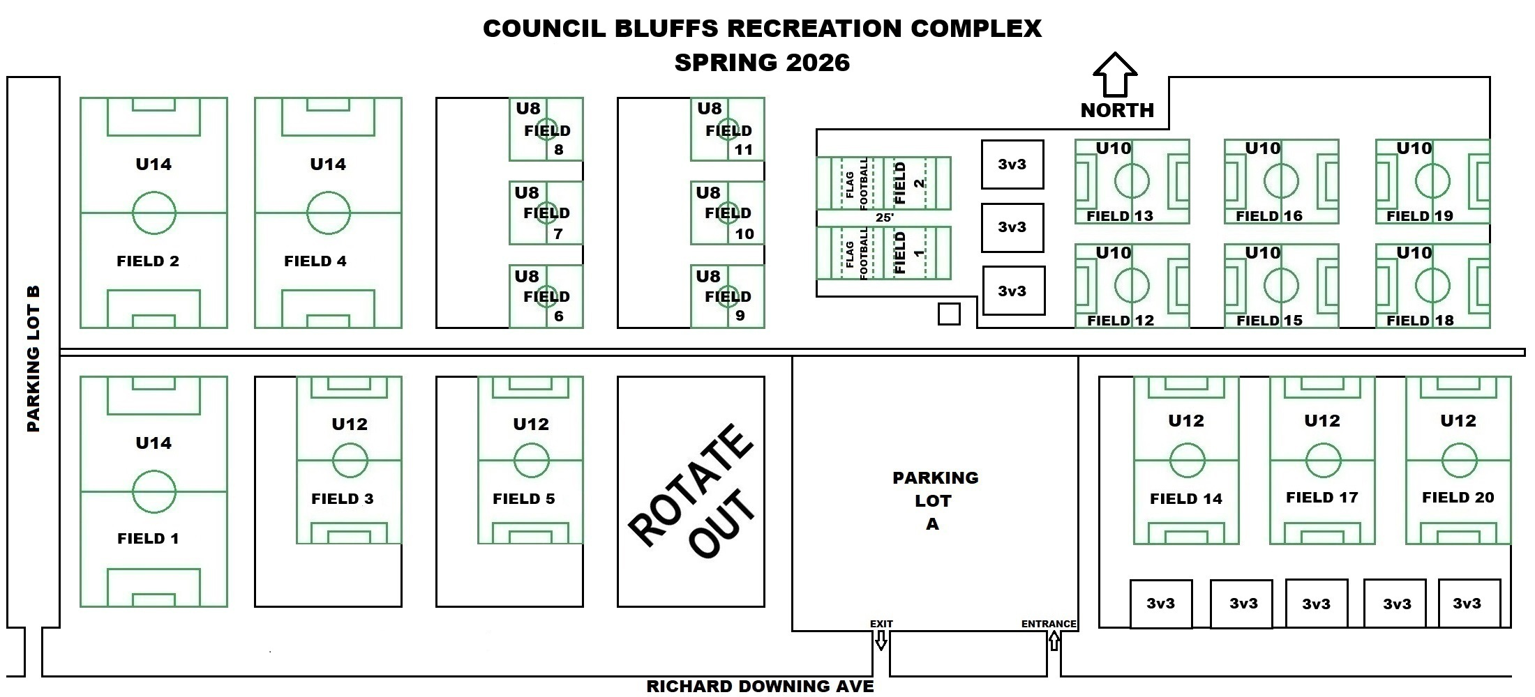 Map of Council Bluffs Recreation Complex for Spring 2026 showing various sports fields and facilities, including multiple soccer fields labeled for Under 14, Under 12, and Under 10, football fields, volleyball courts, and a parking lot, oriented with north at the top.