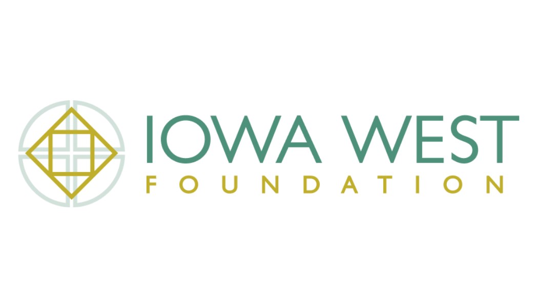 Logo of the Iowa West Foundation featuring a compass rose design and the foundation's name in green and yellow lettering.