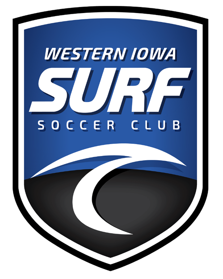 Logo of Western Iowa Surf Soccer Club featuring a blue and black shield with stylized wave and text.
