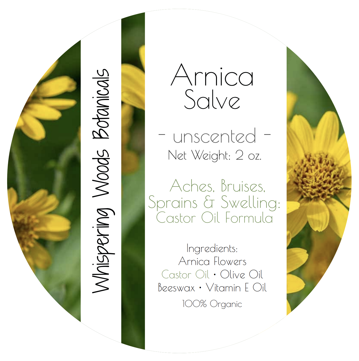 Unscented Arnica Salve Label featuring yellow arnica flowers and the ingredients