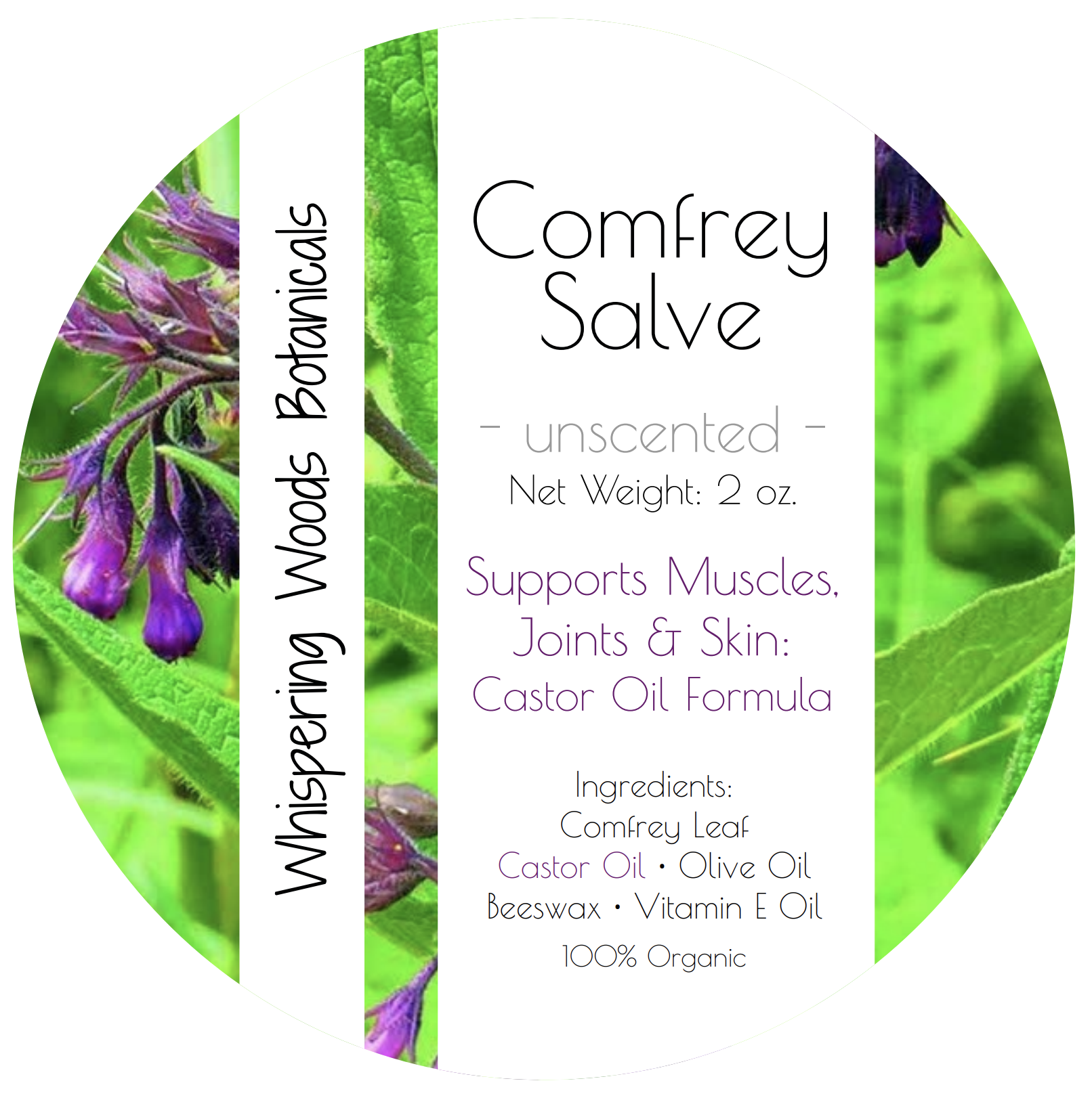 Unscented Comfrey Salve Label featuring green comfrey leaves and purple comfrey flowers, and the ingredients