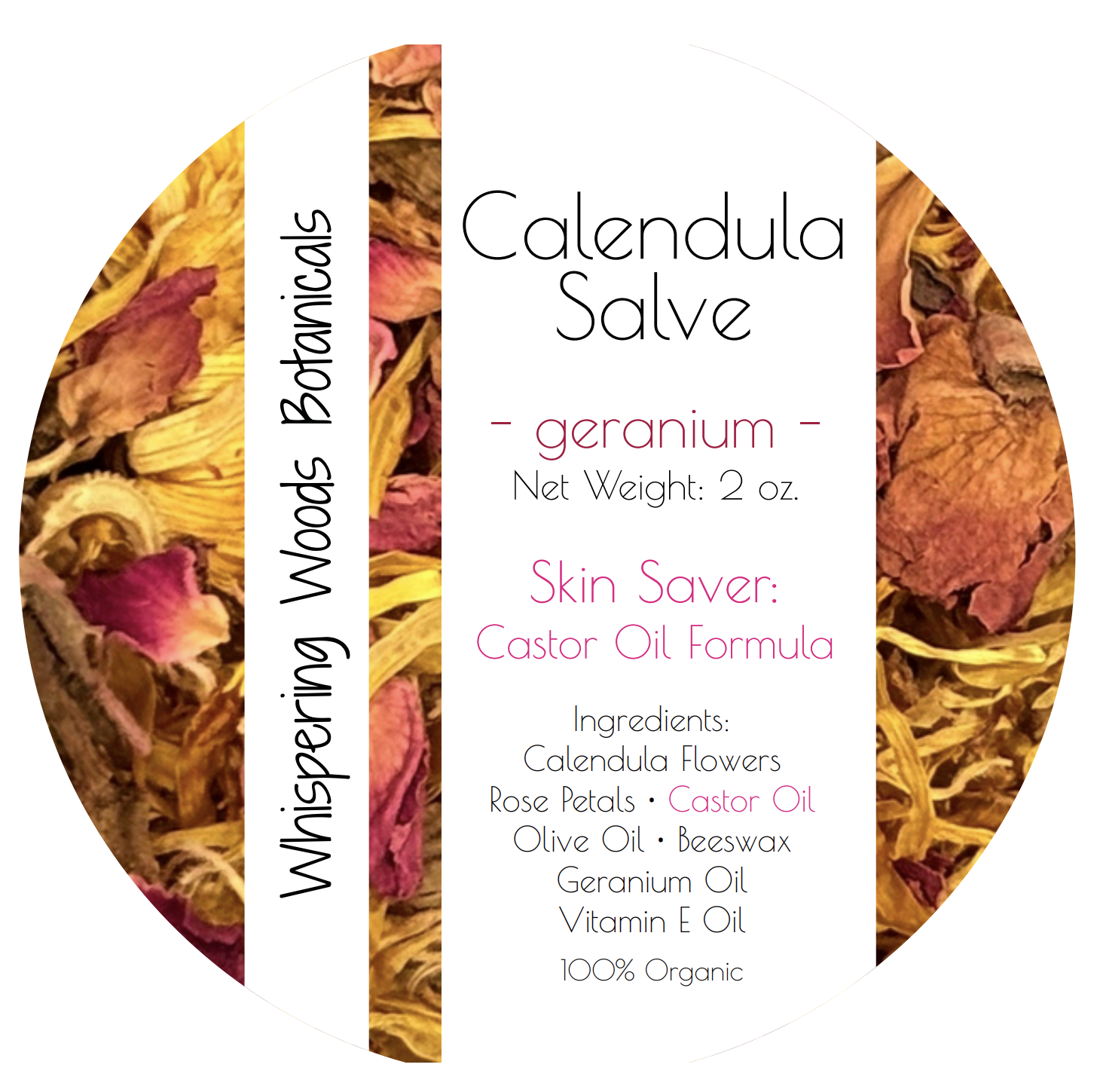Geranium Calendula Salve Label featuring yellow calendula flowers and red rose petals, and the ingredients