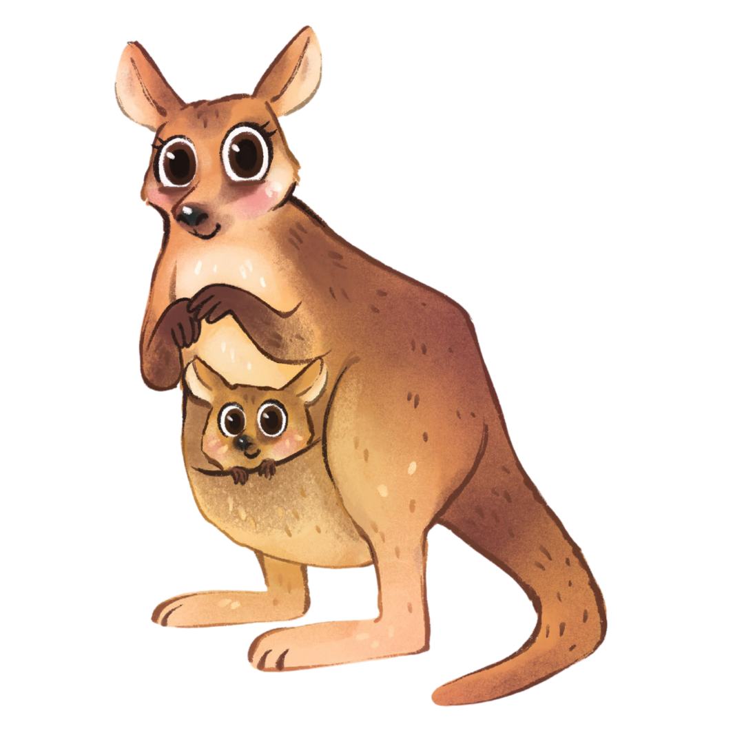 Illustration of a kangaroo with big eyes, holding its pouch, which contains a joey with similar big eyes.