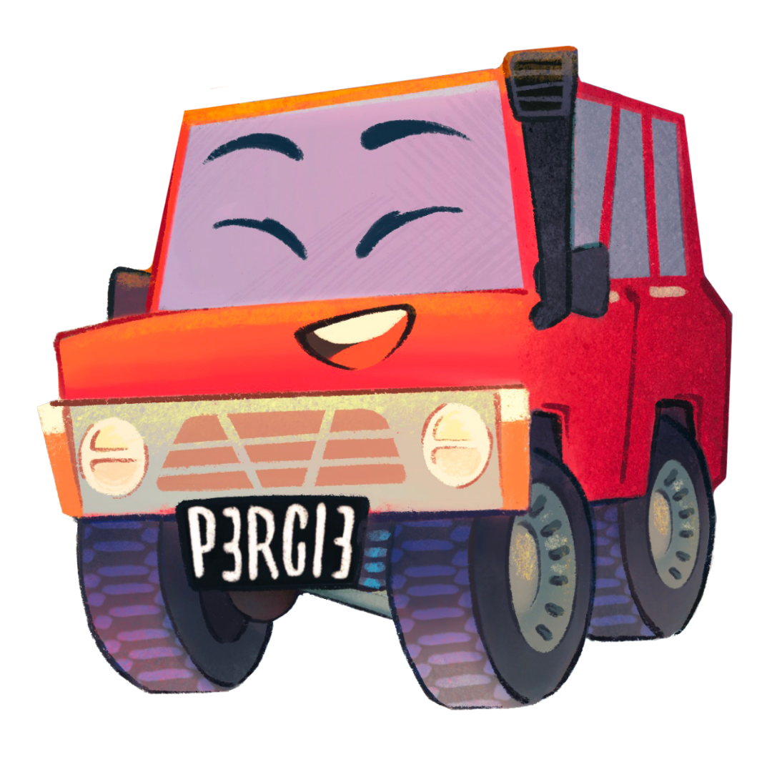 Cartoon red 4x4 with a smiling face, eyes closed in happiness, and a license plate 'P3RC13'.