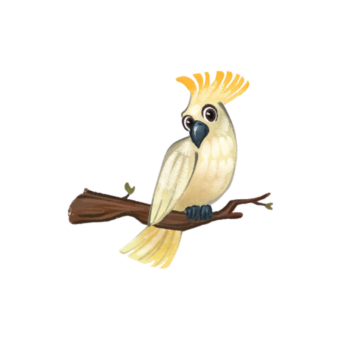 Illustration of a cockatoo with a cream-colored body, yellow crest, and large eyes, perched on a brown tree branch.