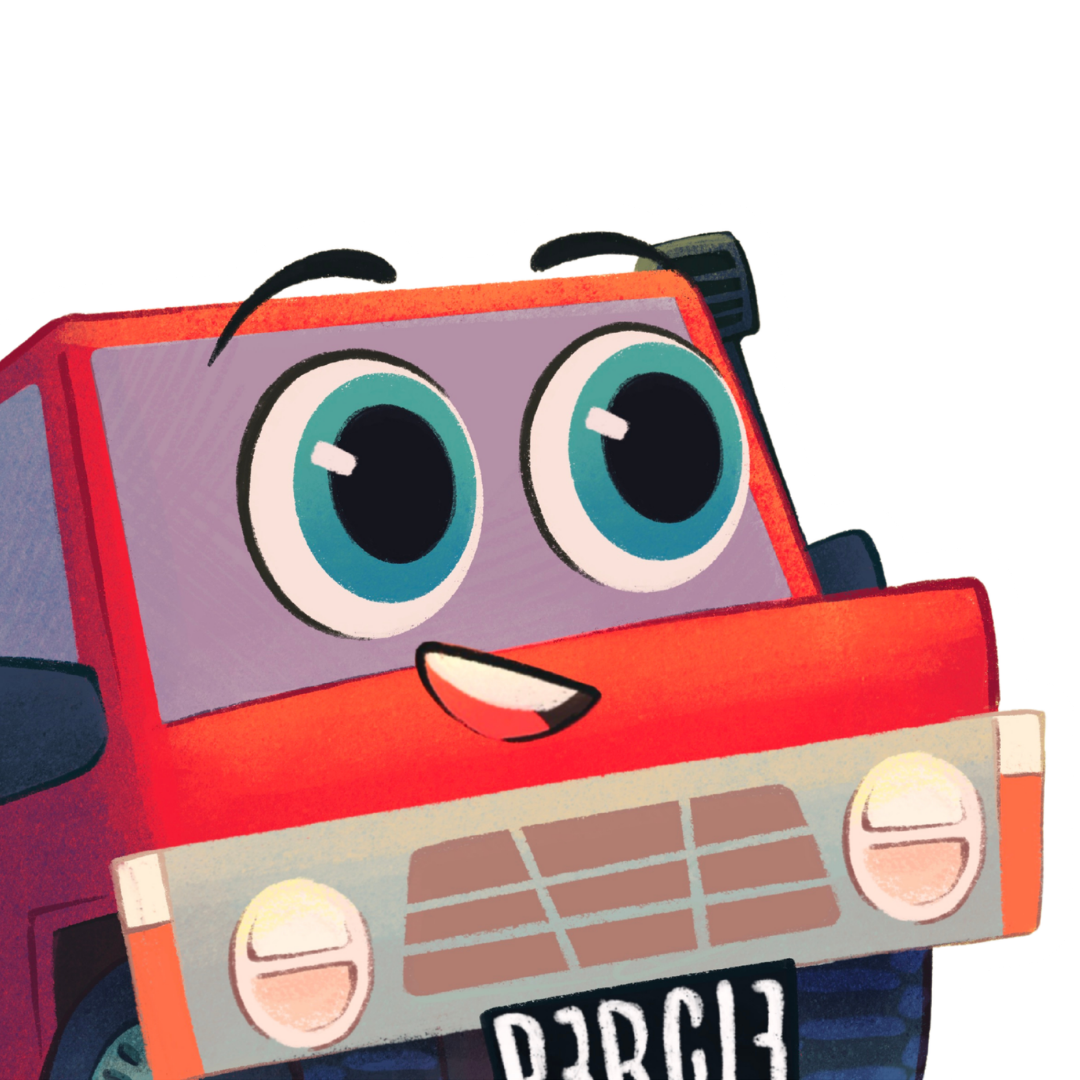 Illustration of a red 4x4 with large expressive blue eyes on the windshield, smiling and showing a license plate reading 'P3RC13'.
