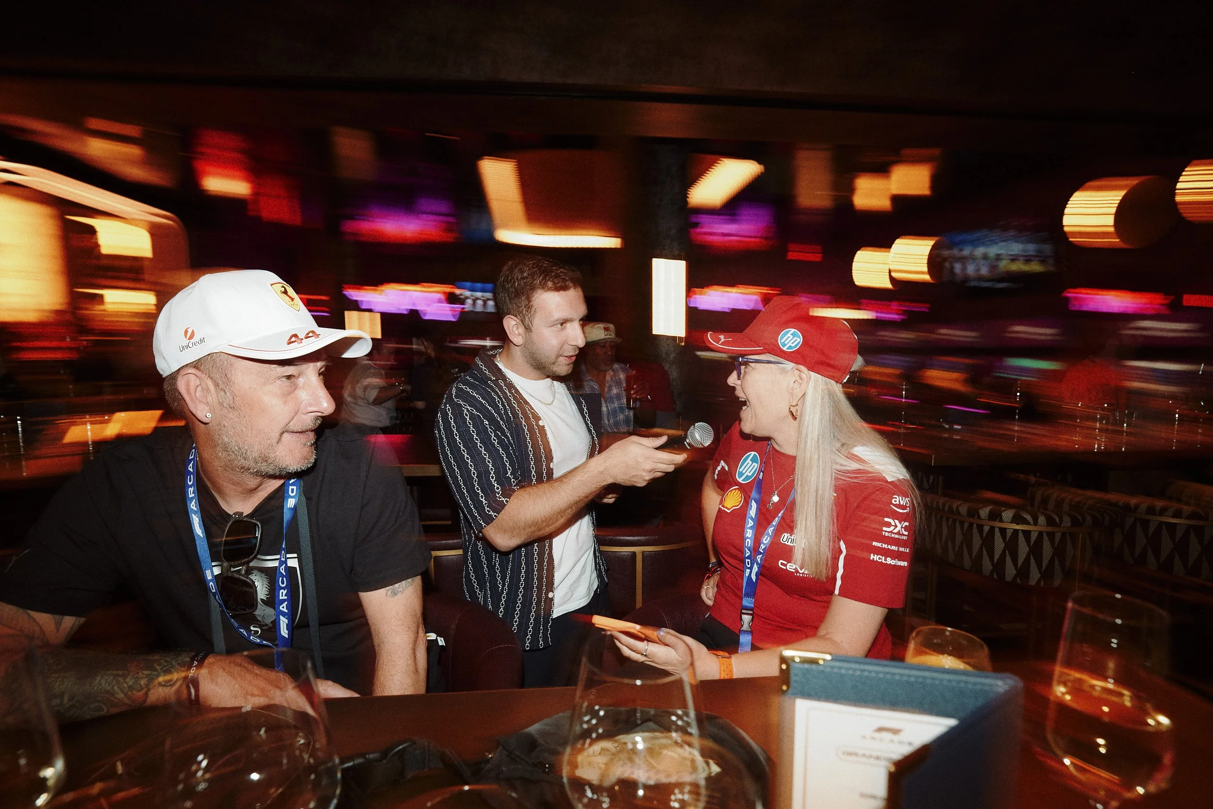 Lee interviewing F1 fans before watch party with some F1 trivia.