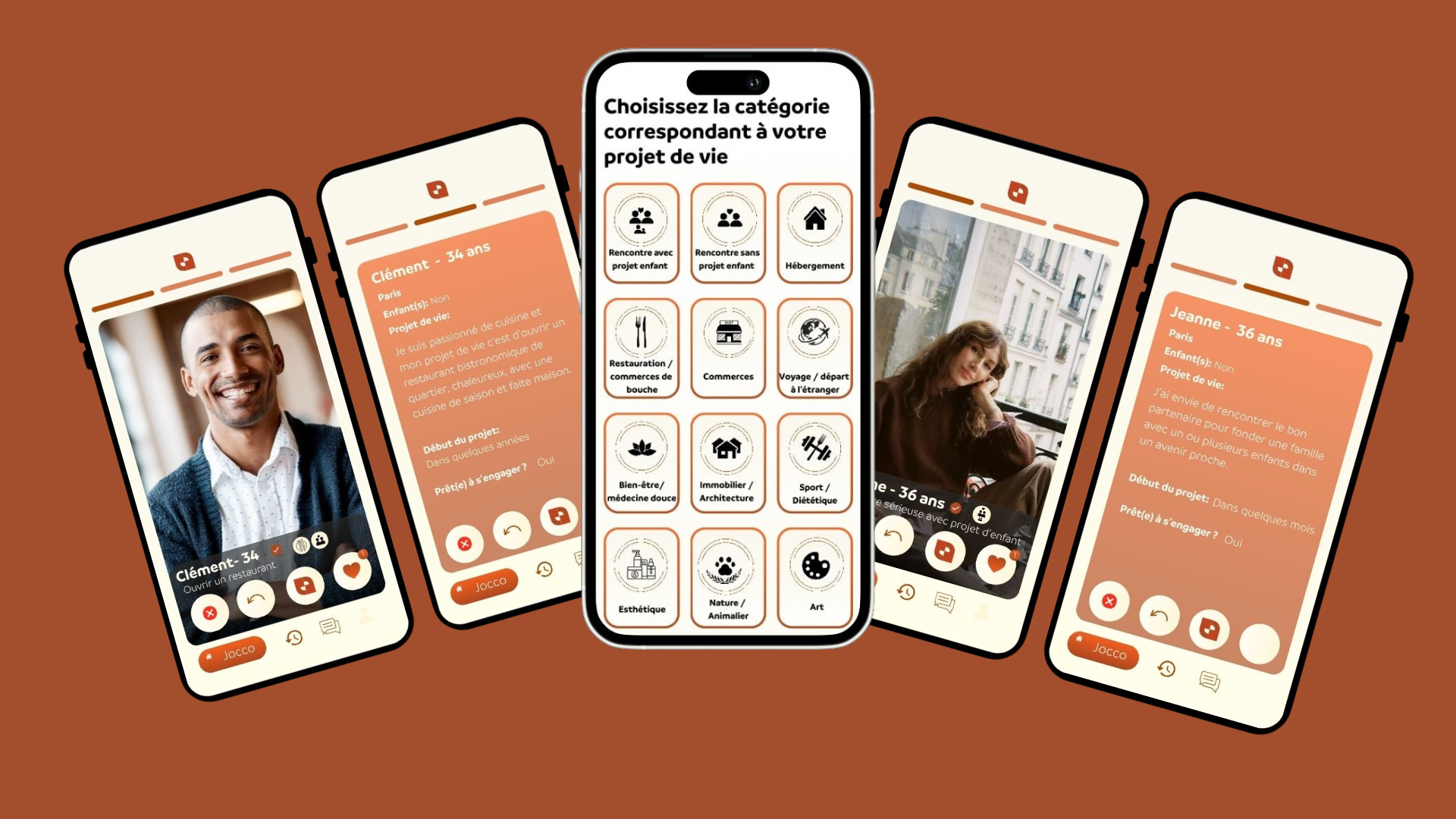 Maquettes de l’application JOCCO présentant des profils de rencontres par projets de vie