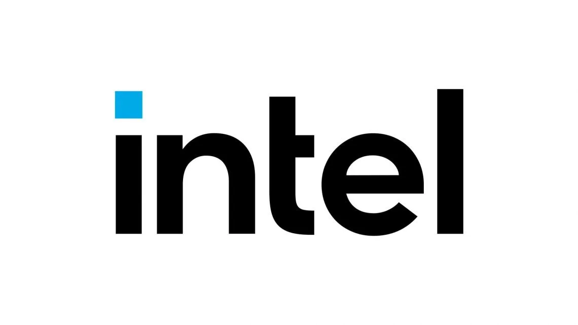 Close-up of the Intel logo with black text and a blue square above the letter 'i'.