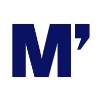 A partial view of a logo with a large, bold, navy blue letter 'M' and an apostrophe.