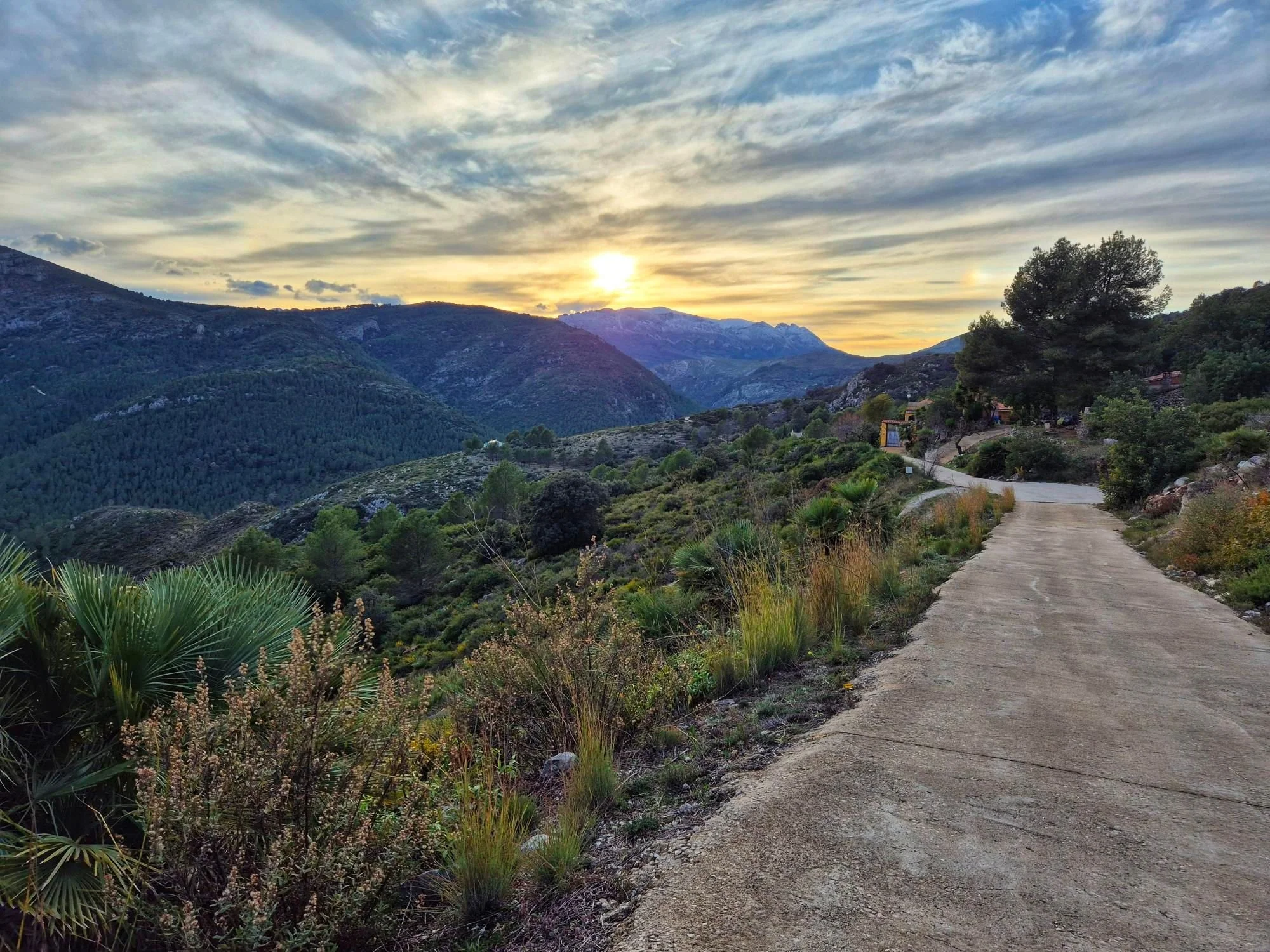 A winding concrete road through a mountainous landscape at sunset, with green trees, shrubs, and a partly cloudy sky.