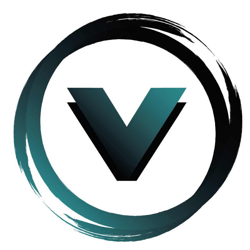 Dark circular logo with a stylized letter 'V' in the center, surrounded by a gradient ring.
