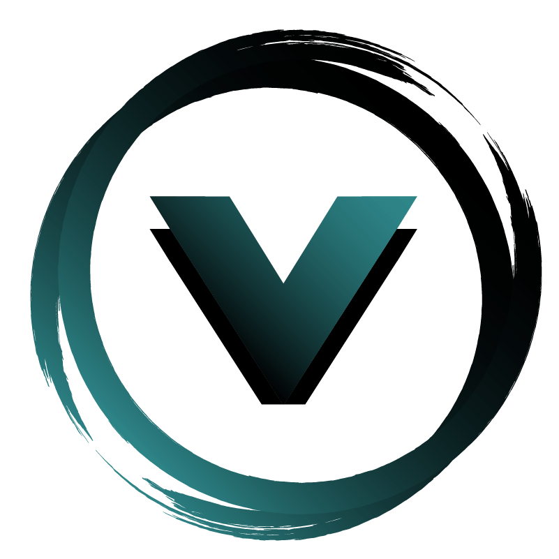 A stylized circle with a gradient blue-green color surrounding a bold letter V in the center.