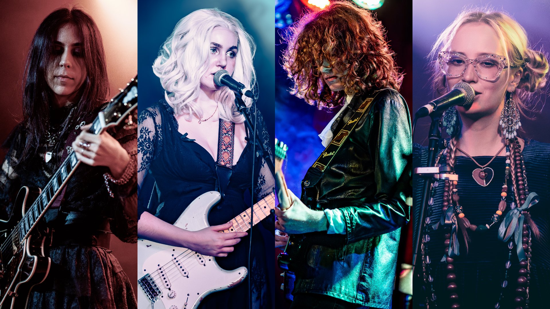 Four women performing music on stage, each with a different style and instrument, in a concert setting.